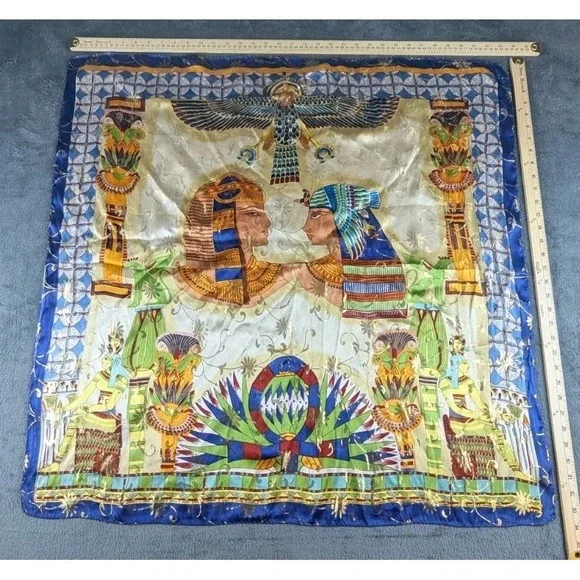 VTG Silk Scarf 20'' Squre Egyptian Prints Goldn Blue Orange-NEW - Picture 4 of 5